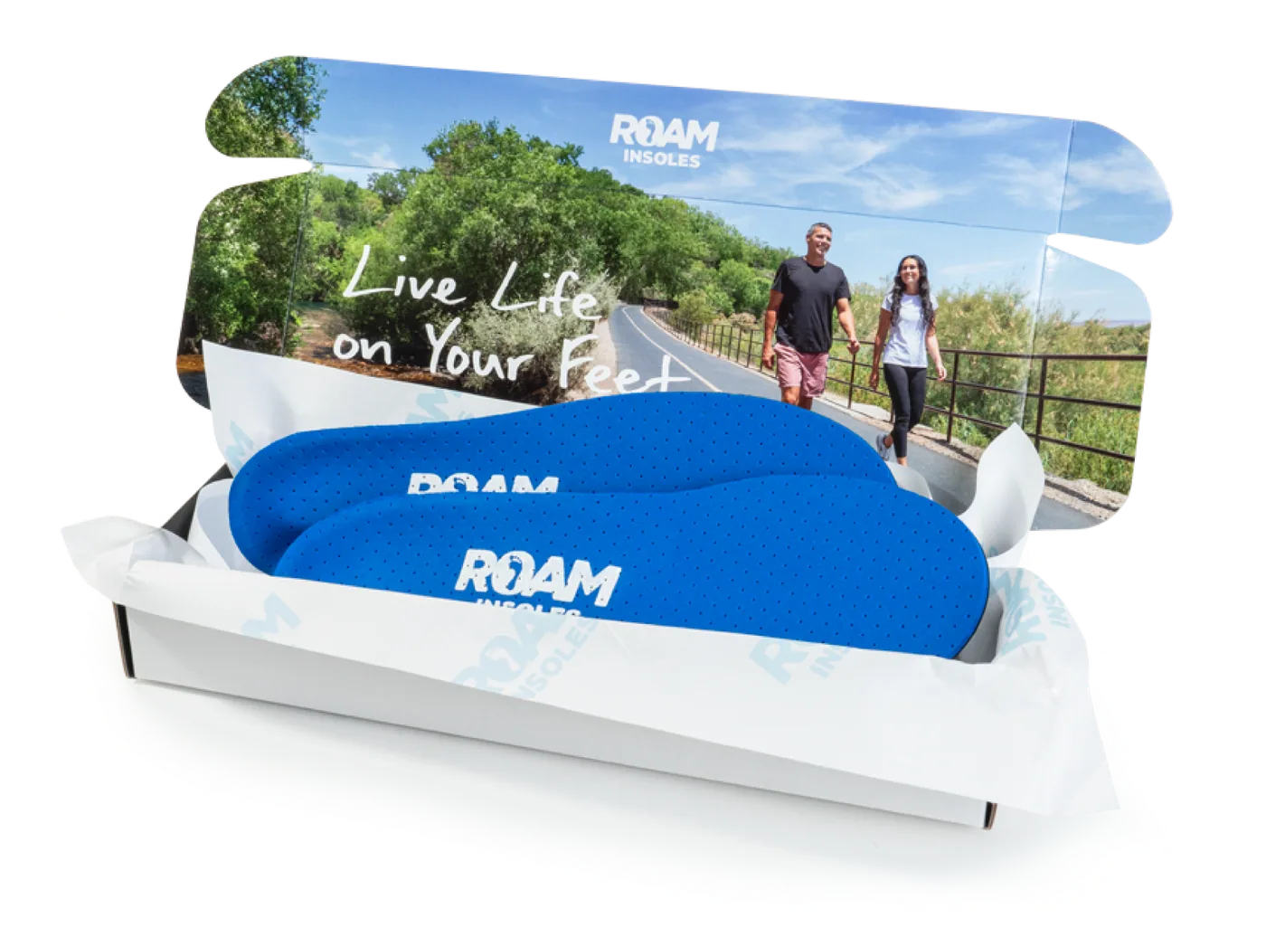 Roam insoles in their shipping box