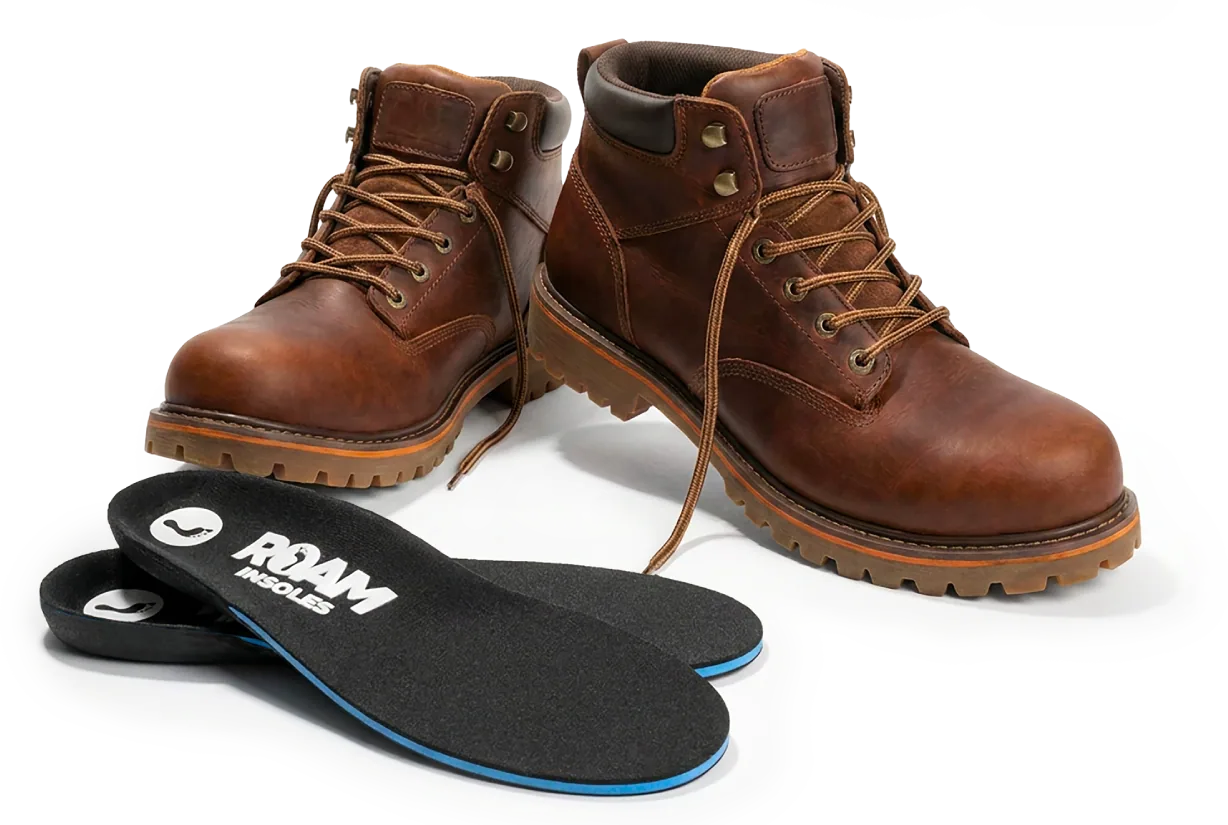 Roam custom orthotic insoles next to a pair of work boots